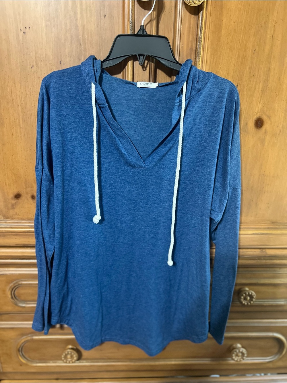 Casual Navy V-Neck Hooded Pullover with White Drawcords